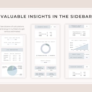 May include: A white and gray infographic with the title "Valuable Insights in the Sidebar". The infographic shows a breakdown of costs for a product, including ingredients, packaging, labor, and other costs. It also shows a pie chart of the cost breakdown, a line graph of estimated profit from sales, and a table of product sales simulation.