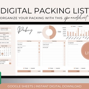 Packing List Spreadsheet Template, Editable Packing Checklist, Vacation Digital Packing List Google Sheets, Travel Packing List Spreadsheet