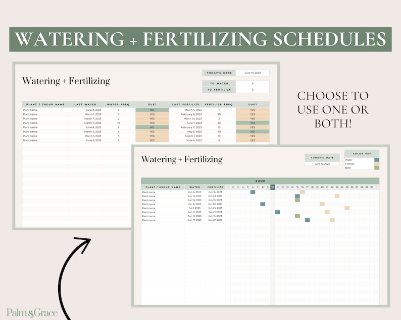 May include: A printable gardening planner with a green and white color scheme. The planner includes sections for watering and fertilizing schedules, with a calendar grid for tracking tasks. The text "Watering + Fertilizing Schedules" is at the top of the page.