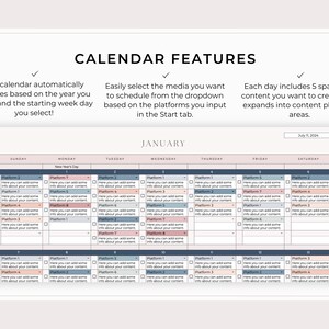 May include: A monthly content calendar planner with a blue and pink color scheme. The calendar is divided into days of the week, with each day having five spaces for content planning. The calendar is labeled "JANUARY" and includes the date "July 1, 2024".