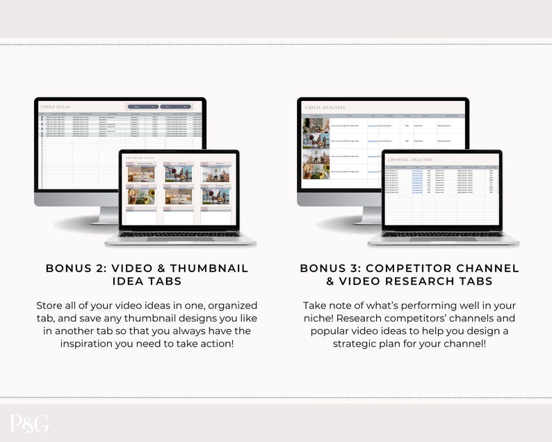 May include: Two computer monitors and two laptops displaying spreadsheets and website layouts. The text on the image reads "BONUS 2: VIDEO & THUMBNAIL IDEA TABS" and "BONUS 3: COMPETITOR CHANNEL & VIDEO RESEARCH TABS". The image is a promotional graphic.