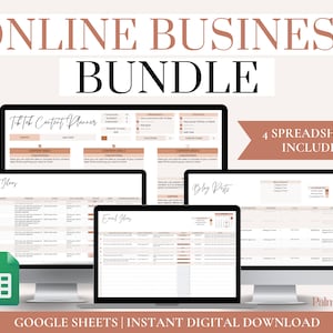 May include: A digital product bundle for online businesses, featuring four Google Sheets spreadsheets: TikTok Content Planner, Blog Posts, Email Ideas, and Product Ideas. The bundle is available for instant digital download.