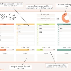 May include: A digital planner page with the title "To Do Lists." It features four customizable lists with 15 slots each, progress tracking, and an automatically updating chart. The page includes sections for today, this week, this month, and miscellaneous tasks.