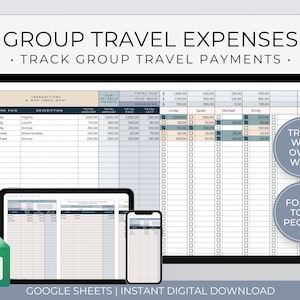 May include: A digital spreadsheet template titled "GROUP TRAVEL EXPENSES" displayed on a tablet, laptop, and smartphone. The template is designed to track group travel payments, with sections for who paid, description, and amounts. The image also includes a Google Sheets icon.