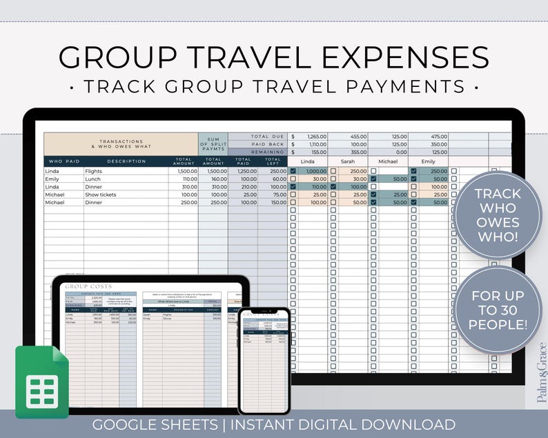 K&ouml;nnte beinhalten: Eine digitale Tabellenvorlage mit dem Titel "GROUP TRAVEL EXPENSES", die auf einem Tablet, Laptop und Smartphone angezeigt wird. Die Vorlage dient zur Verfolgung von Gruppenreisezahlungen mit Abschnitten f&uuml;r wer bezahlt hat, Beschreibung und Betr&auml;ge.