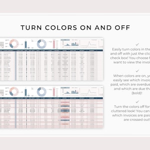 以下が含まれることがあります： 「INVOICES」というタイトルと「TURN COLORS ON AND OFF」というセクションが付いたスプレッドシートのスクリーンショットです。スプレッドシートには、色分けされたステータスインジケーターが付いた請求書の一覧が表示されています。スプレッドシートの下のテキストでは、請求書の一覧を表示するために色をオンとオフにする方法について説明しています。