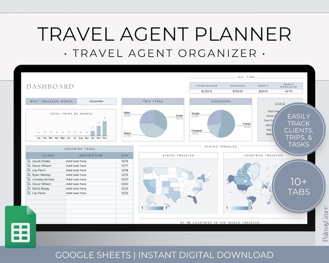 Travel Agent Planner, Travel Agent Spreadsheet Template, Digital Trip