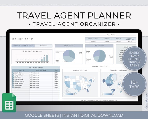 Travel Agent Planner, Travel Agent Spreadsheet Template, Digital Trip Tracker, Travel Agency Client Organizer, Travel Agent Dashboard