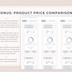 May include: A screenshot of a spreadsheet showing a product price comparison tool. The tool allows users to input the cost per product and a mock sales price to see how different discounts or prices will impact the profit of their products. The spreadsheet includes a production cost vs profit chart, profit margin, price markup, and total cost. The spreadsheet is titled "Price Comparison" and includes three products: Chocolate Chip Cookies, Red Velvet Cookies, and Snickerdoodles Cookies.