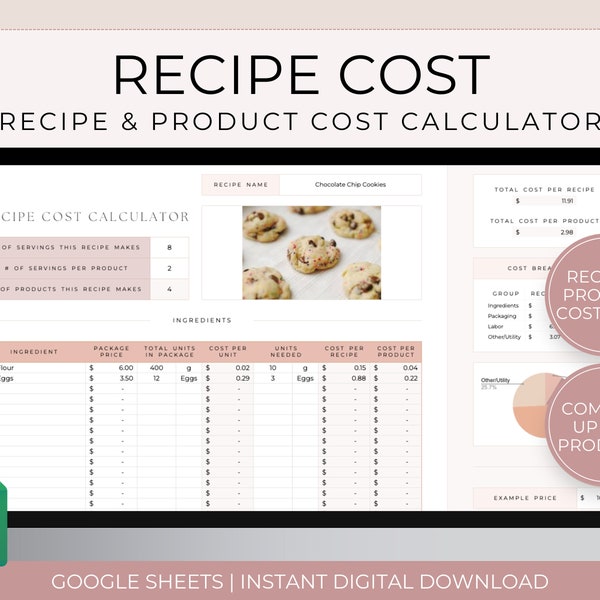 Calculateur de coût de recette Google Sheets, calculateur de profit de commande, feuille de calcul de calculateur de prix, calculateur de prix de boulangerie, tarification de produit