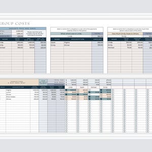K&ouml;nnte beinhalten: Eine detaillierte Tabelle mit dem Titel "GROUP COSTS" mit Abschnitten f&uuml;r bezahlte Betr&auml;ge, wer wem etwas schuldet und Transaktionsdetails. Das Dokument enth&auml;lt Tabellen mit Namen, Beschreibungen und Betr&auml;gen, die zur Nachverfolgung von Ausgaben und Zahlungen dienen.