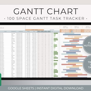 100 ruimtes Gantt-diagram Google Spreadsheets-sjabloon, geautomatiseerde projecttijdlijn, projectbeheerspreadsheet, Gantt-diagram spreadsheetsjabloon