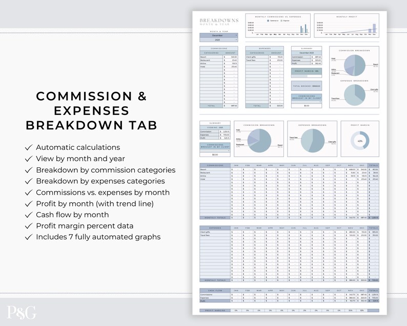 May include: A blue and white spreadsheet template for tracking commission and expenses. The template includes 7 automated graphs and features automatic calculations, breakdowns by category, and profit and cash flow by month.