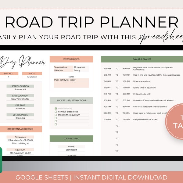 Road Trip Planner Spreadsheet, Digital Family Vacation Travel Planner, Ultimate Road Trip Organizer, Editable Family Road Trip Itinerary