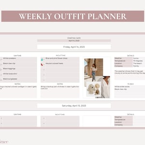 Pu&ograve; includere: Un pianificatore di outfit settimanale con una griglia per pianificare gli outfit per venerd&igrave; e sabato. Il pianificatore include sezioni per outfit diurni e notturni, note, dettagli e un elenco di acquisti. Il pianificatore include anche una foto di una donna che indossa un abito floreale blu e rosa e un cappello di paglia.