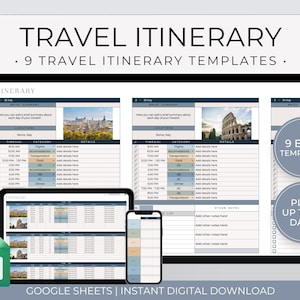 May include: A digital download of 9 Google Sheets templates for creating travel itineraries. The templates feature a blue and gray color scheme and include sections for times, categories, details, and other notes. The image also includes a preview of the templates with images of Rome, Italy.