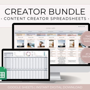 May include: Two Google Sheets spreadsheets displayed on a computer screen. The spreadsheets are titled "January" and "Sample Pre-Made Content". The spreadsheets are designed for content creators to plan and track their content.