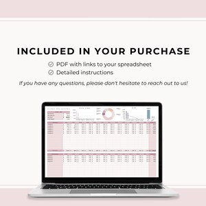 May include: A laptop computer displaying a spreadsheet with a pink and gray color scheme. The spreadsheet includes a pie chart and a bar graph. The text on the screen reads "SALES BREAKDOWN". The text on the screen also reads "INCLUDED IN YOUR PURCHASE: PDF with links to your spreadsheet, Detailed instructions. If you have any questions, please don't hesitate to reach out to us!"