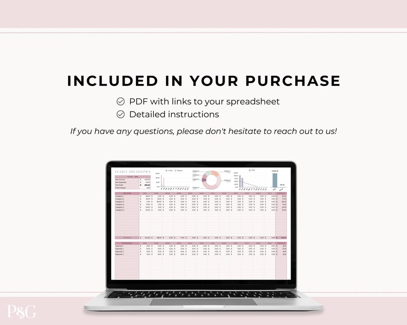 May include: A laptop computer displaying a spreadsheet with a pink and gray color scheme. The spreadsheet includes a pie chart and a bar graph. The text on the screen reads "SALES BREAKDOWN". The text on the screen also reads "INCLUDED IN YOUR PURCHASE: PDF with links to your spreadsheet, Detailed instructions. If you have any questions, please don't hesitate to reach out to us!"