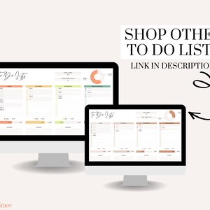 May include: Two computer monitors displaying digital to-do lists. The lists feature sections for daily, weekly, and monthly tasks, with a color-coded design. Text at the top reads "Shop Other To Do Lists" and "Link in Description!"