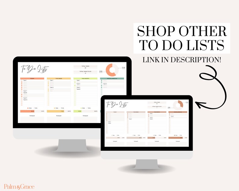 May include: Two computer monitors displaying digital to-do lists. The lists feature sections for daily, weekly, and monthly tasks, with a color-coded design. Text at the top reads "Shop Other To Do Lists" and "Link in Description!"