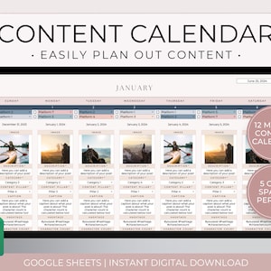 Social Media Content Calendar for Google Sheets, Content Planner Spreadsheet, Content Calendar Template, Social Media Marketing Planner