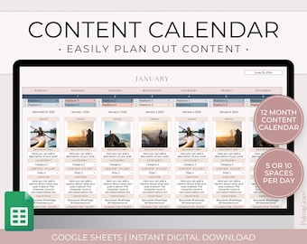 Social Media Content Calendar for Google Sheets, Content Planner Spreadsheet, Content Calendar Template, Social Media Marketing Planner