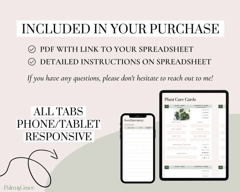 May include: A digital planner for plant lovers, with tabs for seed inventory and plant care cards. The planner is designed to be responsive on all devices, including phones and tablets. The text "ALL TABS PHONE/TABLET RESPONSIVE" is displayed on the image.