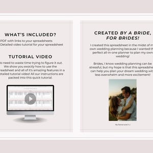 May include: Two-panel graphic advertising a wedding planning spreadsheet. The left panel details included items: PDF links and a video tutorial. The right panel states the spreadsheet was created by a bride. A photo of a couple is included.