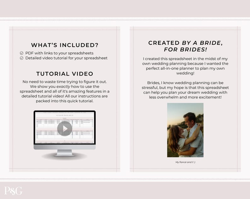 May include: Two-panel graphic advertising a wedding planning spreadsheet. The left panel details included items: PDF links and a video tutorial. The right panel states the spreadsheet was created by a bride. A photo of a couple is included.