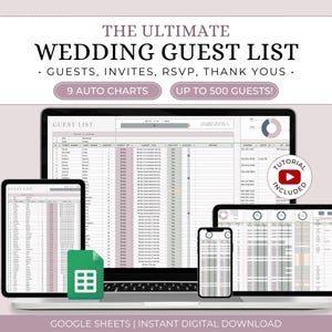 Arkusz kalkulacyjny z listą gości weselnych w Arkuszach Google, szablon listy gości weselnych, narzędzie do śledzenia listy gości weselnych, szablon arkusza kalkulacyjnego z listą gości na wydarzenie