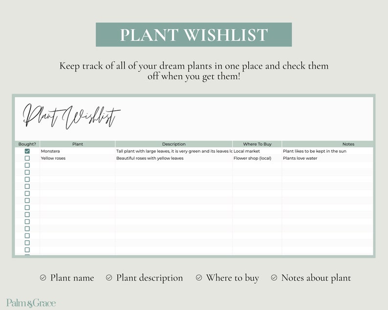 Op de afbeelding: Een printbare planten-wishlist checklist met kolommen voor plantennaam, beschrijving, waar te kopen en notities. De checklist heeft vinkjes om planten te markeren als gekocht. De eerste twee planten op de lijst zijn Monstera en Gele rozen.
