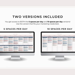 May include: Two computer screens displaying a calendar template with the text "JANUARY" at the top. The left screen shows a calendar with 5 spaces per day, and the right screen shows a calendar with 10 spaces per day. The text "TWO VERSIONS INCLUDED" is at the top of the image.