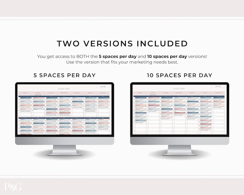 May include: Two computer screens displaying a calendar template with the text "JANUARY" at the top. The left screen shows a calendar with 5 spaces per day, and the right screen shows a calendar with 10 spaces per day. The text "TWO VERSIONS INCLUDED" is at the top of the image.
