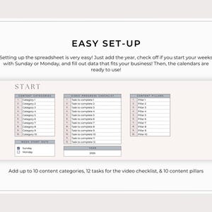 May include: A digital planner template with the text "EASY SET-UP" at the top. The planner includes sections for content categories, video progress checklists, and content pillars. It also has options for the week start date and the year 2025.