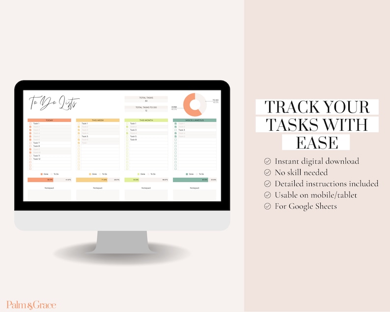 May include: A computer monitor displays a digital to-do list template with sections for tasks, progress tracking, and a pie chart. The text "To Do List" is at the top. The right side of the image has the text "Track Your Tasks With Ease".