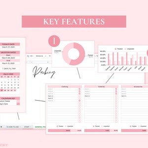 May include: A pink and white printable packing list with a calendar, a pie chart, and a bar graph. The list includes sections for clothing, toiletries, and accessories. The text "Packing" is written in cursive.