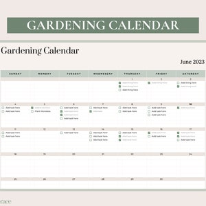 May include: A printable gardening calendar for June 2023. The calendar is divided into days of the week, with each day having a box for adding tasks. The calendar is designed with a simple, minimalist aesthetic.