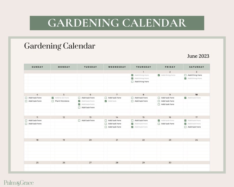 May include: A printable gardening calendar for June 2023. The calendar is divided into days of the week, with each day having a box for adding tasks. The calendar is designed with a simple, minimalist aesthetic.