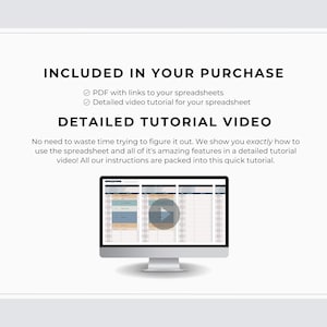 May include: A computer monitor displays a spreadsheet with a play button overlay. Text above reads "INCLUDED IN YOUR PURCHASE" and "DETAILED TUTORIAL VIDEO". The image is on a white background.