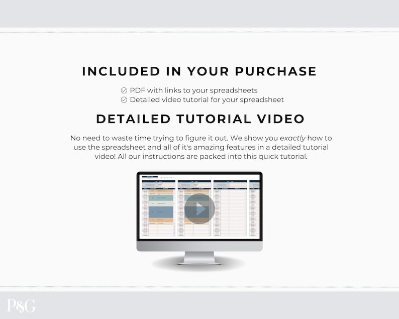 May include: A computer monitor displays a spreadsheet with a play button overlay. Text above reads "INCLUDED IN YOUR PURCHASE" and "DETAILED TUTORIAL VIDEO". The image is on a white background.