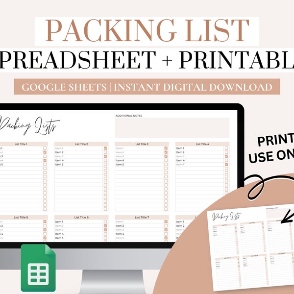Bewerkbare paklijst AFDRUKBARE spreadsheet, paklijstspreadsheet, digitale verpakkingscontrolelijst Google Spreadsheets, reispaklijstsjabloon