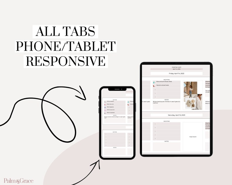 Pu&ograve; includere: Un planner digitale con schede per i diversi giorni della settimana. Il planner &egrave; mostrato sullo schermo di un telefono e di un tablet, dimostrando la sua reattivit&agrave; su tutti i dispositivi. Il planner include sezioni per attivit&agrave;, note e una foto.