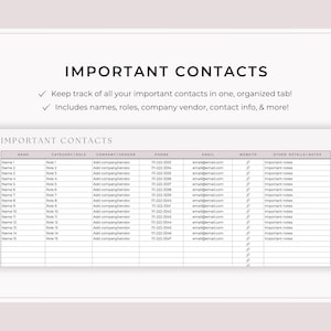 May include: A printable planner page titled "IMPORTANT CONTACTS" with a grid for contact details. The page includes sections for name, role, company, phone, email, website, and notes. The text "Keep track of all your important contacts" is also visible.