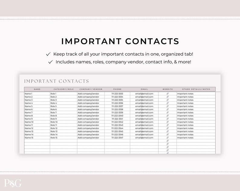 May include: A printable planner page titled "IMPORTANT CONTACTS" with a grid for contact details. The page includes sections for name, role, company, phone, email, website, and notes. The text "Keep track of all your important contacts" is also visible.