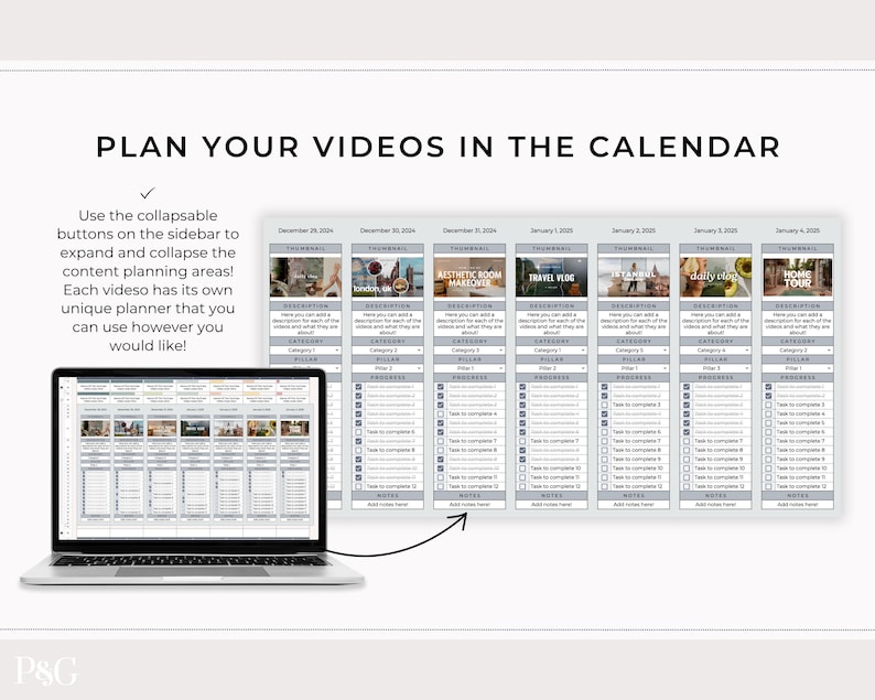 May include: A laptop displays a video planning calendar with the text "PLAN YOUR VIDEOS IN THE CALENDAR." The calendar includes sections for descriptions, categories, and progress tracking. The sidebar has collapsible buttons. The image also includes the text "Use the collapsible buttons on the sidebar to expand and collapse the content planning areas! Each video has its own unique planner that you can use however you would like!"
