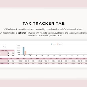 May include: A chart showing a tax tracker tab with a bar graph showing income and expenses for each month of the year. The chart is labeled "VAT/TAX" and includes a table with columns for "Net Income", "Net Expenses", "Net Profit", "Tax Collected", "Tax Paid", and "Difference".