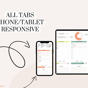 May include: A digital planner displayed on a smartphone and tablet. The phone shows a to-do list with tasks, while the tablet displays a monthly overview with a pie chart. Text at the top reads "ALL TABS PHONE/TABLET RESPONSIVE."