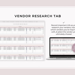 May include: A digital vendor research tab with a spreadsheet layout, shown on a laptop and a separate screen. The text reads "VENDOR RESEARCH TAB" and "Record important info as you research your vendors..." Includes "UP TO 10 VENDOR CATEGORIES!"