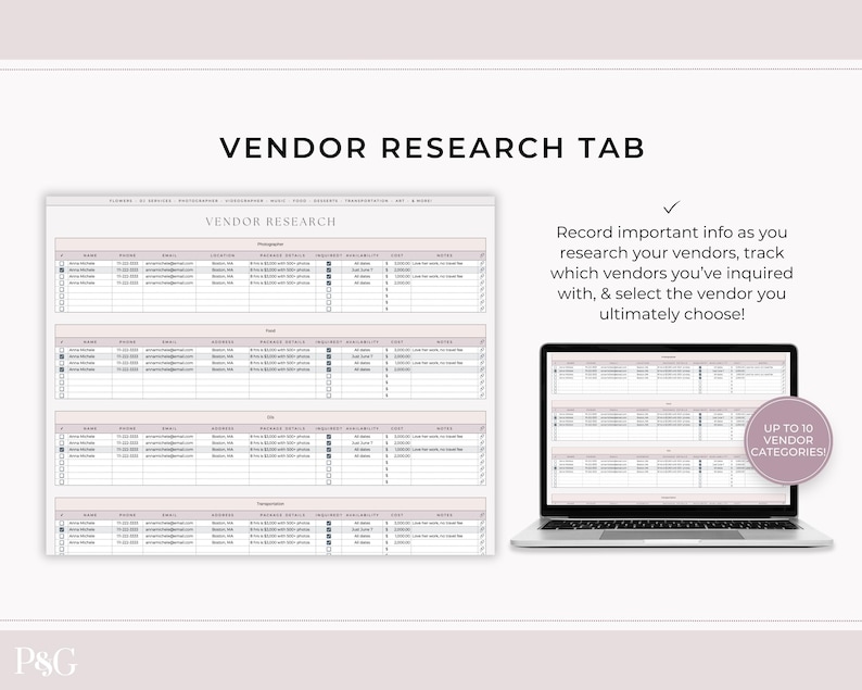 May include: A digital vendor research tab with a spreadsheet layout, shown on a laptop and a separate screen. The text reads "VENDOR RESEARCH TAB" and "Record important info as you research your vendors..." Includes "UP TO 10 VENDOR CATEGORIES!"